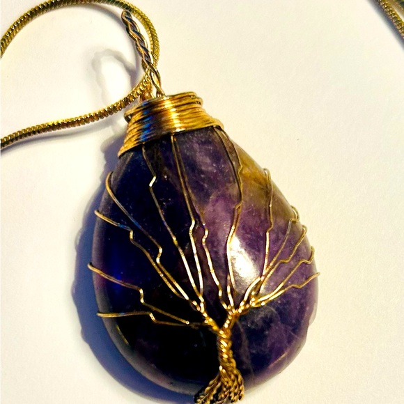 Amethyst & Gold-Tone Wire Wrapped Tree of Life Pendant on 20” Gold-Tone Chain - Picture 5 of 6